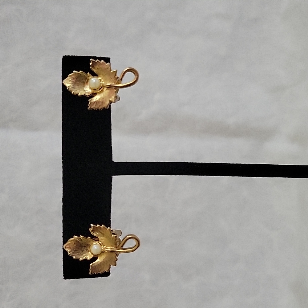 Gold Leaf & Seed Pearl Clip Earrings